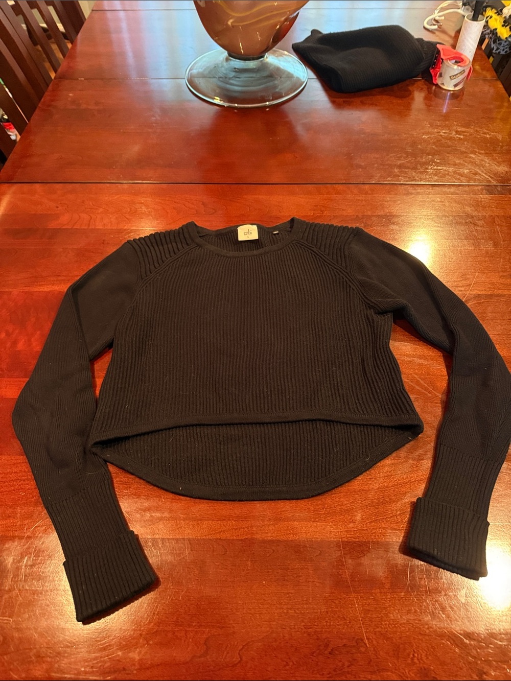 CAbi Black Ribbed Cropped Crewneck Sweater